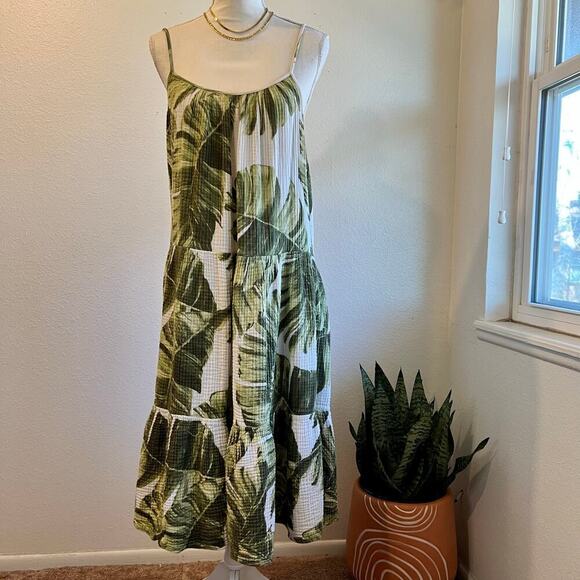 Oversized Lightweight Cotton Tiered Palm Plant Print Strappy Summer Dress - Picture 1 of 12